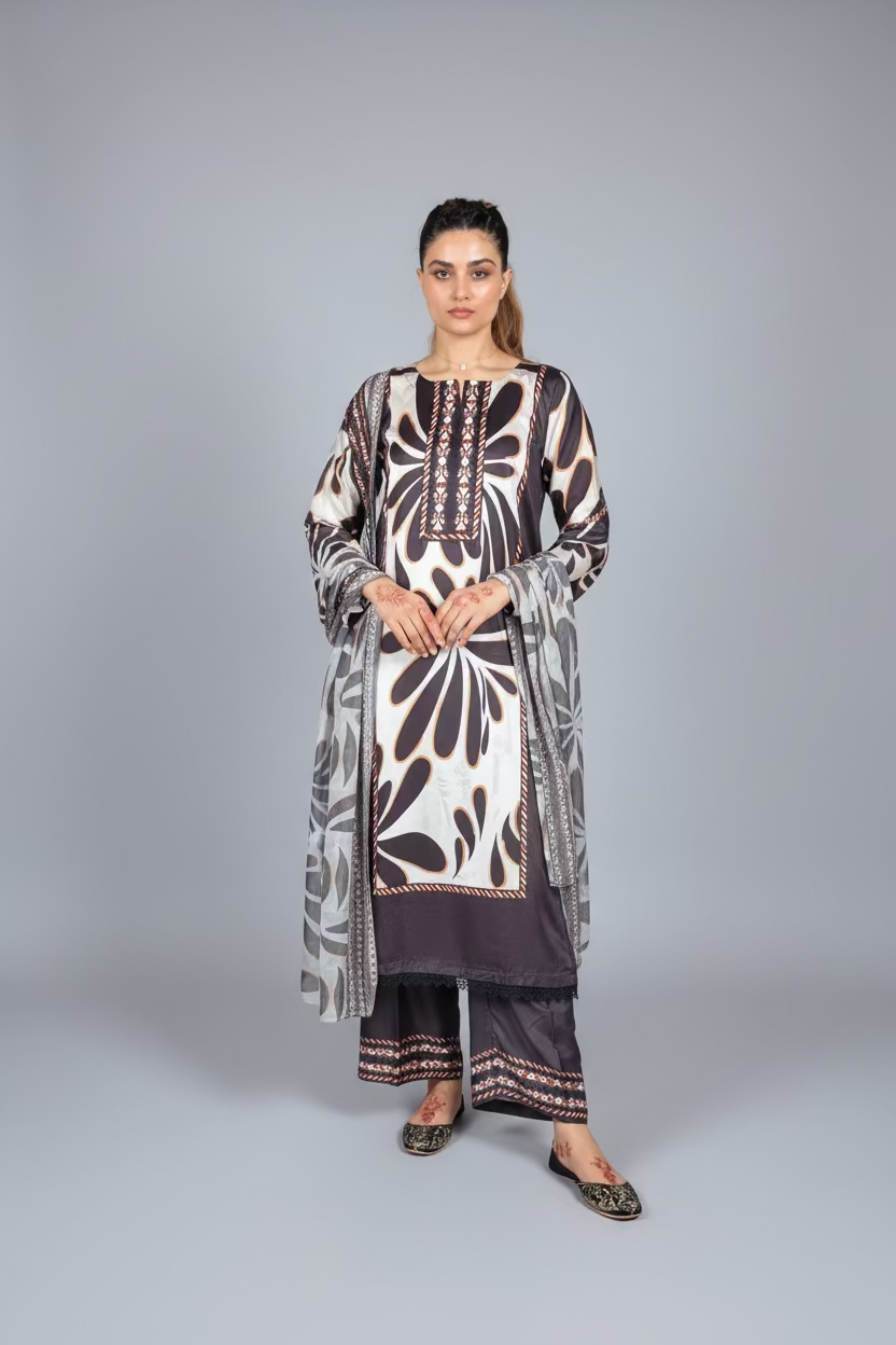 Siyah Gul- Brand Inspired Soft Silk Three Piece Dress