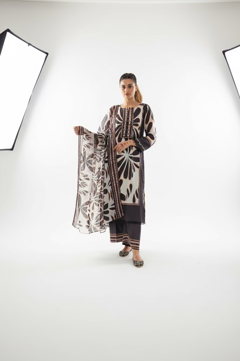 Siyah Gul- Brand Inspired Soft Silk Three Piece Dress