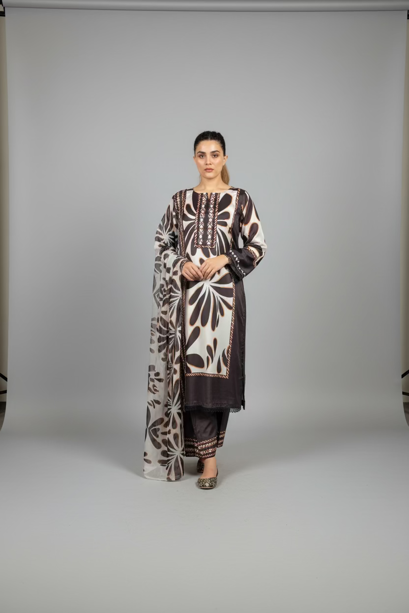 Siyah Gul- Brand Inspired Soft Silk Three Piece Dress